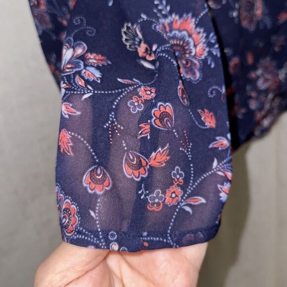 Joie S Navy Floral Silk Romantic Button Front Ruched Back Long Sleeve Blouse - Picture 7 of 12